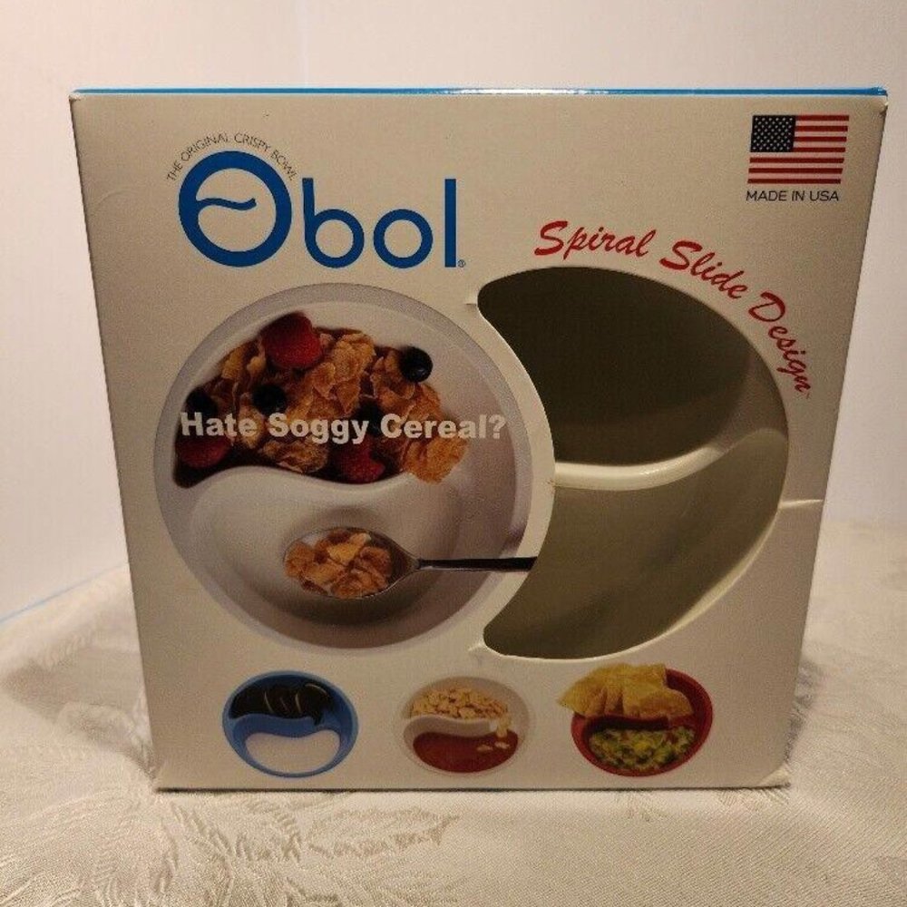 Obol Original Never Soggy Cereal Bowl, NIB White Spiral Slide Design USA